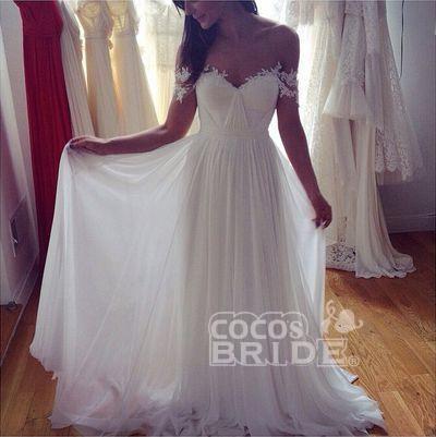 Bmbride Ivory Chiffon Beach Wedding Dress with Simple A-Line Appliques