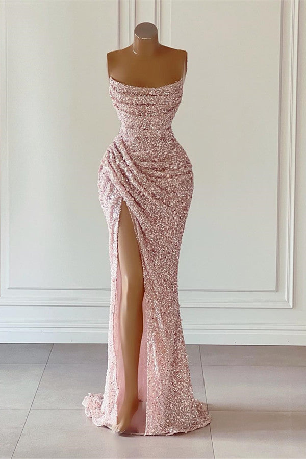 Dusty Pink Sleeveless Long Slit Mermaid Prom Dress With Sequins