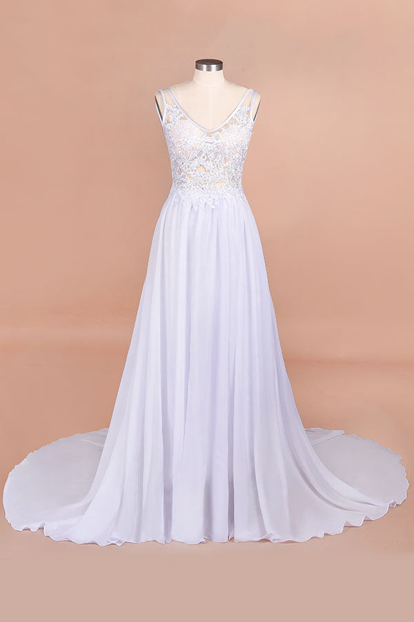 Bmbride Lace Chiffon Wedding Dress with Open Back V-neck