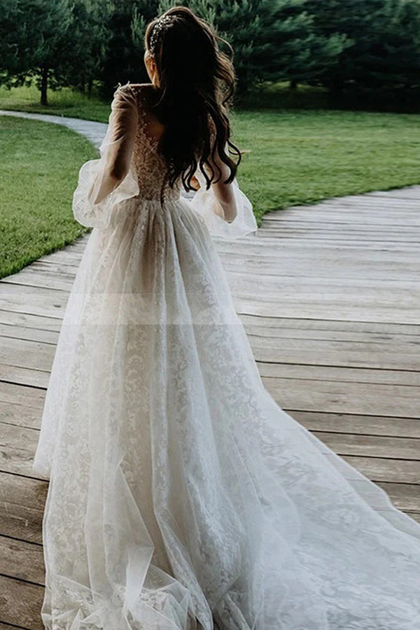 Bmbride Stunning A-line Tulle Long Sleeve Lace Wedding Dress