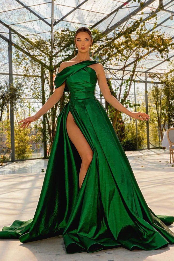 One Shoulder Satin Green Prom Dress With High Split