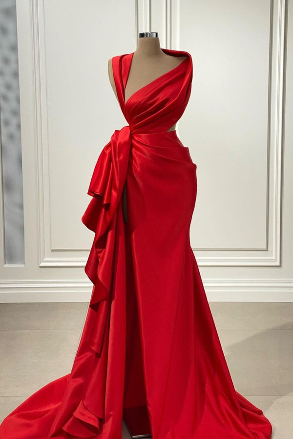 Red Charmeuse Long Prom Dress With High Slit