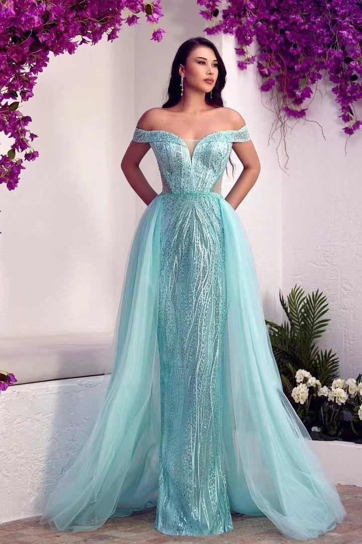 Off-The-Shoulder Sweetheart Tulle Prom Dress With Overskirt Featuring Sequins Beads