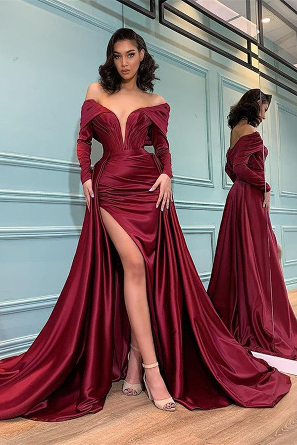 Burgundy Long Sleeves Evening Dress Mermaid