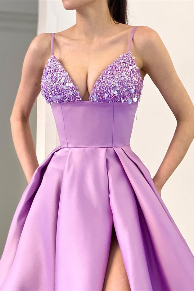 Sequins Evening Dress A Line Lavender Spaghetti-Straps With Split