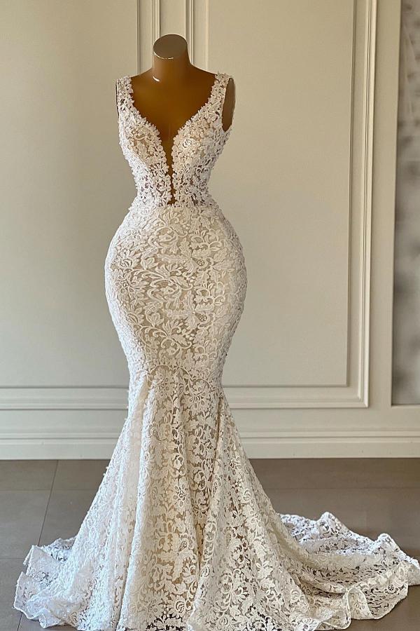 Bmbride Long Mermaid V-neck Floral Lace Wedding Dresses