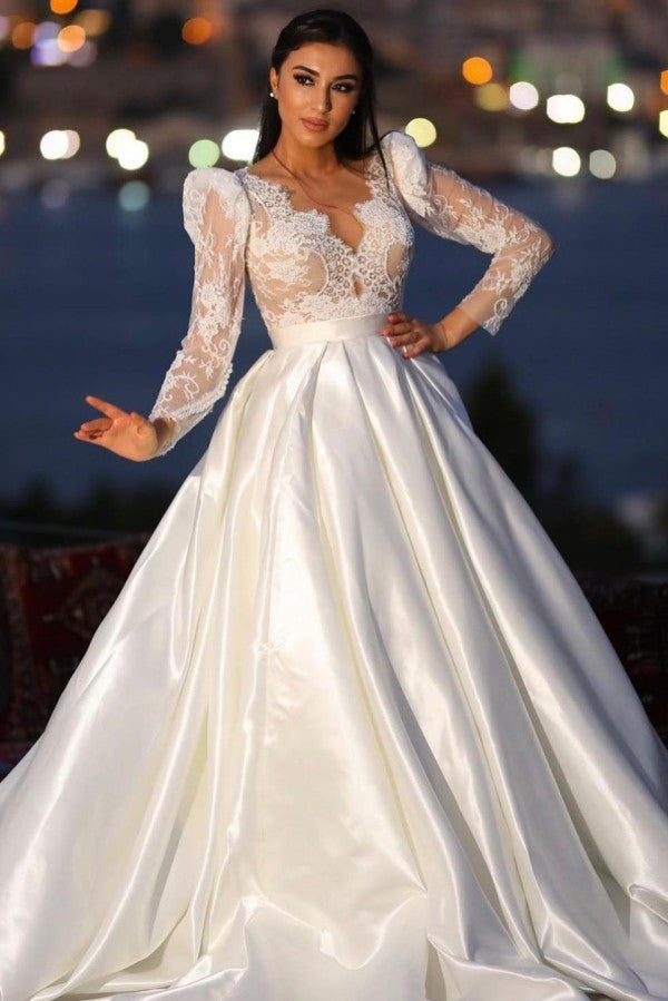 Bmbride Long A-line Sweetheart Satin Lace Wedding Dresses with Sleeves