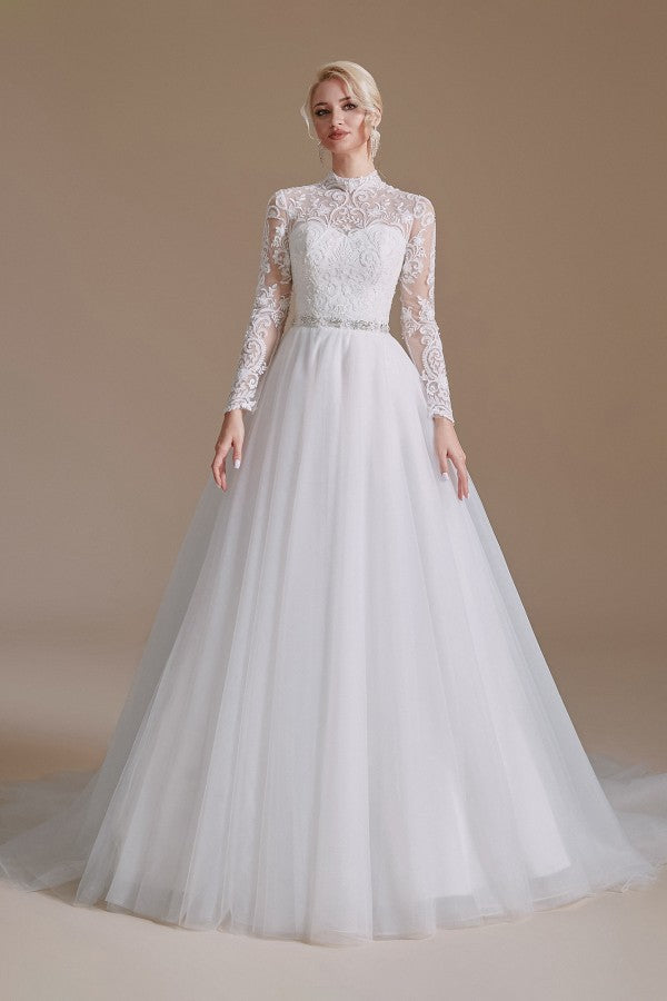 Bmbride A-line High Neck Long Sleeves Tulle Lace Wedding Dress