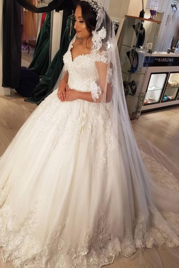 Bmbride Gorgeous Long Princess Off-the-Shoulder Lace Wedding Gowns