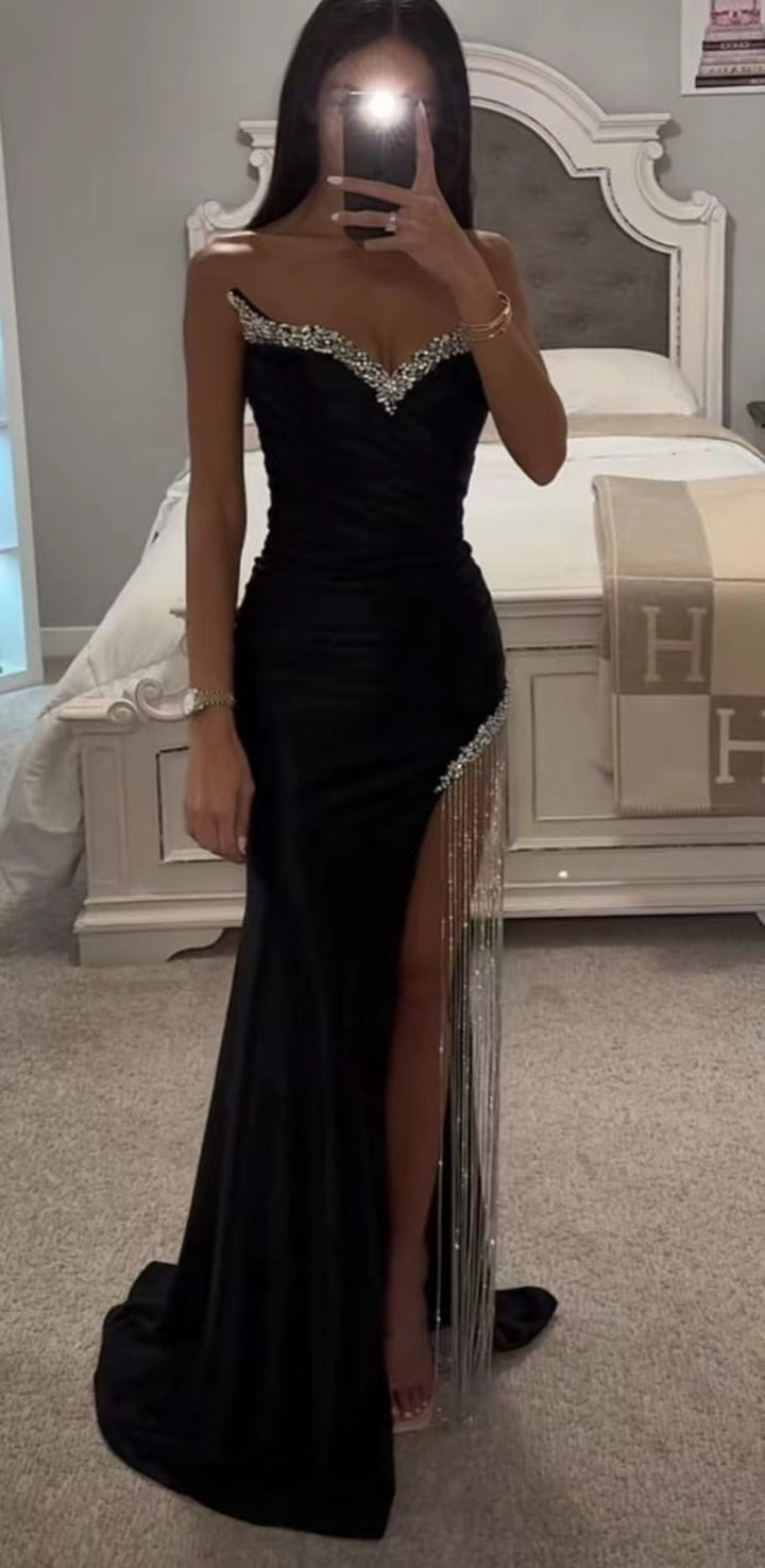 Sequin Prom Dress Long Cowl Neck High Slit in Black