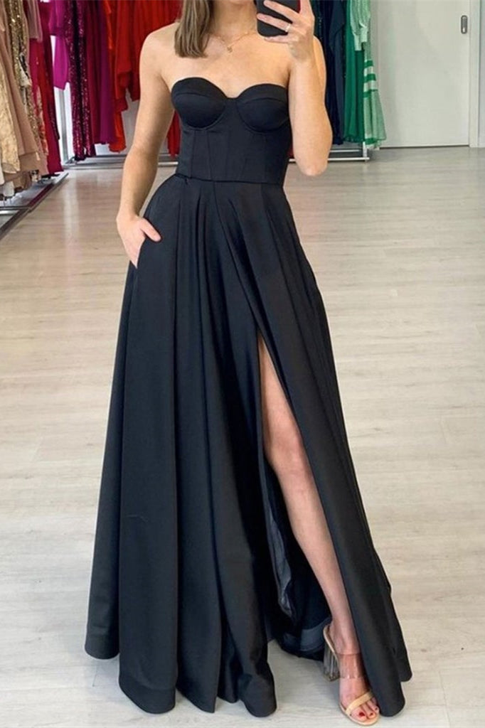 Sweetheart Prom Dress in Black with Split and Pockets