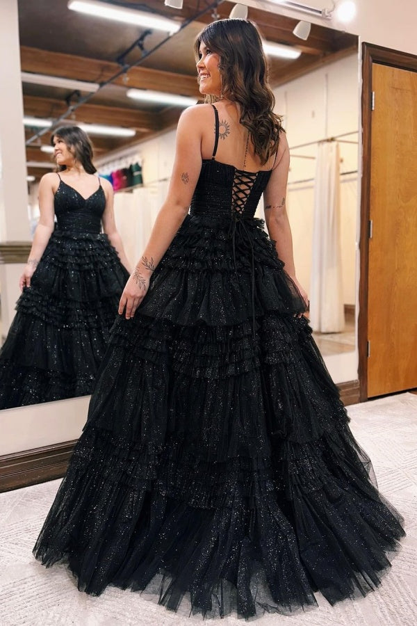 Black Tulle Prom Dress: V Neck Sleeveless Gown