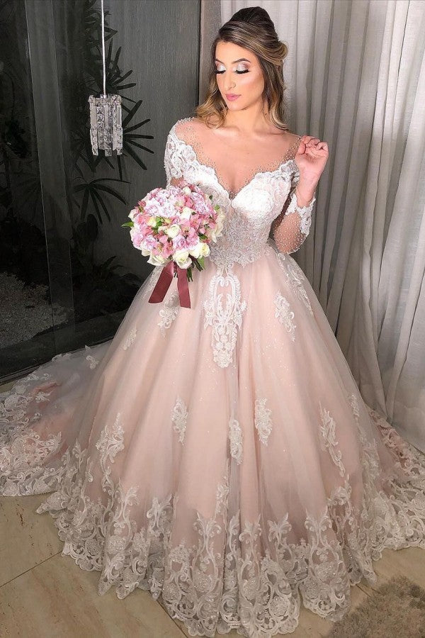 Bmbride Off-the-shoulder Tulle Floral Lace Appliques Wedding Dress with Long Sleeves