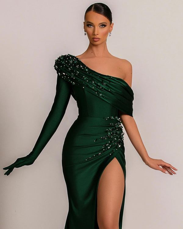 One Shoulder Emerald Green Evening Dress With Split Pearl