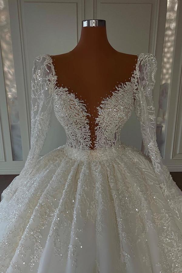 Bmbride Luxurious Long Ball Gown Sweetheart Lace Wedding Dress with Sleeves