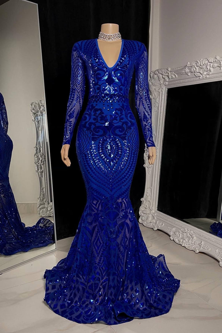 Royal Blue Evening Dress with Long Sleeves Sequins V Neck and Mermaid Silhouette