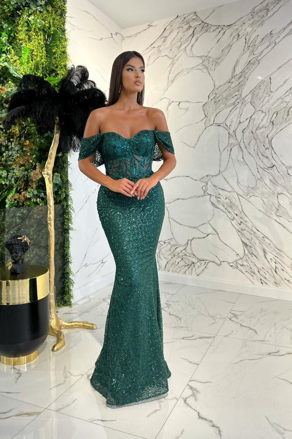 Dark Green Sweetheart Off-The-Shoulder Prom Dress with Appliques Sequins