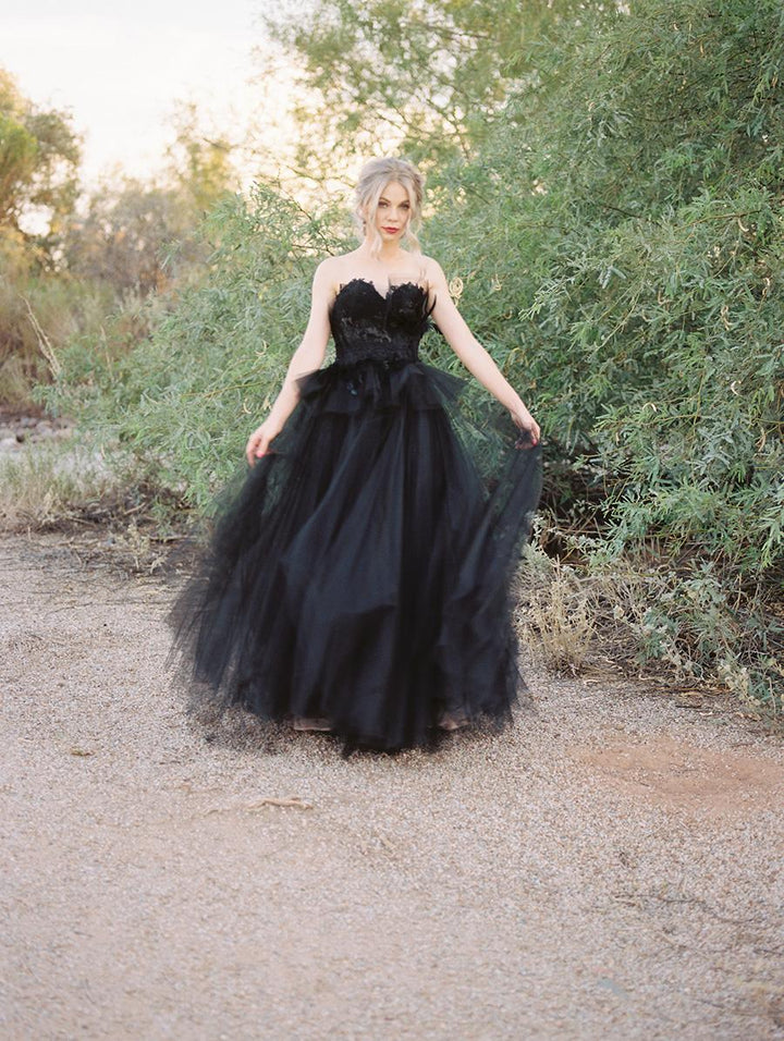 Bmbride Long Black Tulle Wedding Dress with Lace