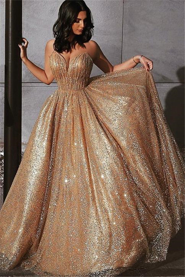 Long Prom Dress with Gold Sequins