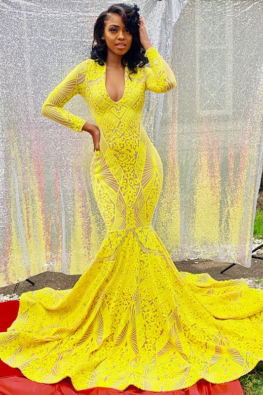 Yellow Long Sleeve Evening Dress with Appliques - Mermaid