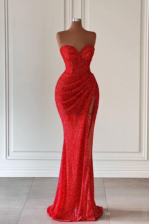 Sleeveless Red Mermaid Sequins Prom Dress With Sweetheart Neckline and Split