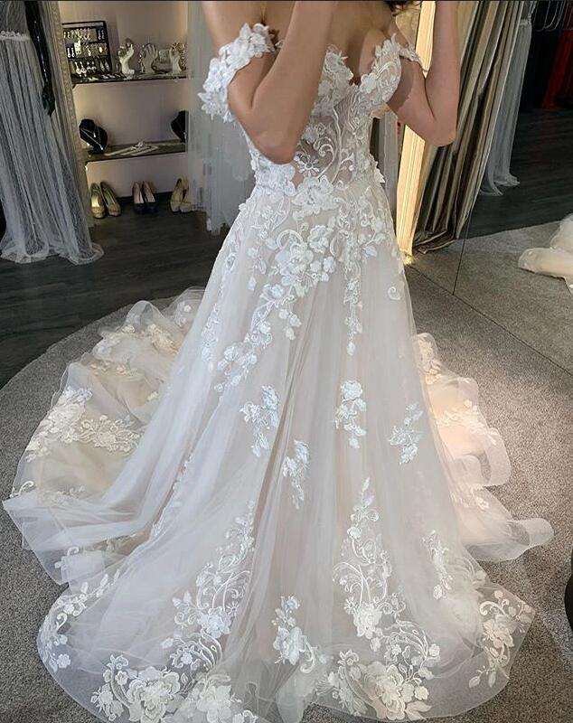 Bmbride Long A-line Tulle Off-the-Shoulder Lace Appliques Wedding Dress