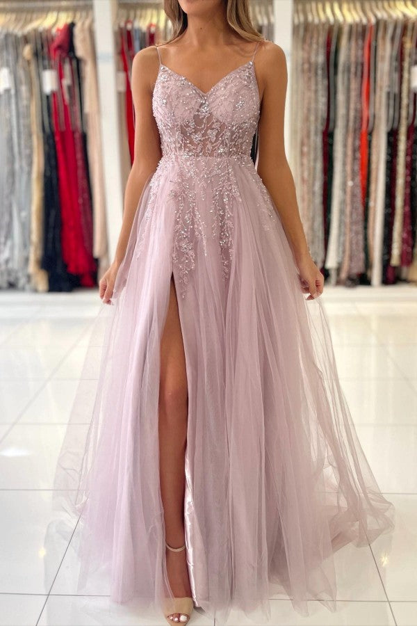 Beaded Spaghetti Strap Tulle A-Line Evening Dress