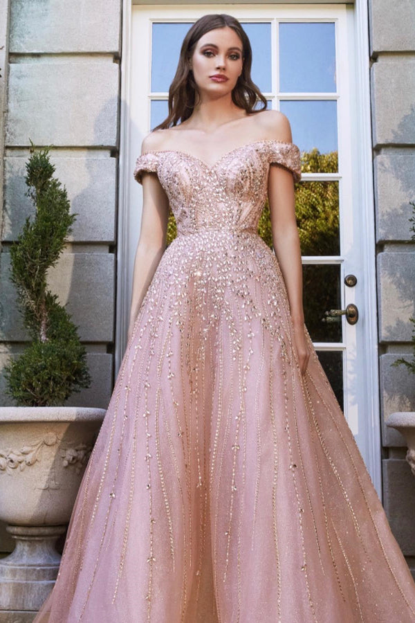 Pink Off-The-Shoulder Sweetheart Prom Dress With Beads and Sequins Tulle