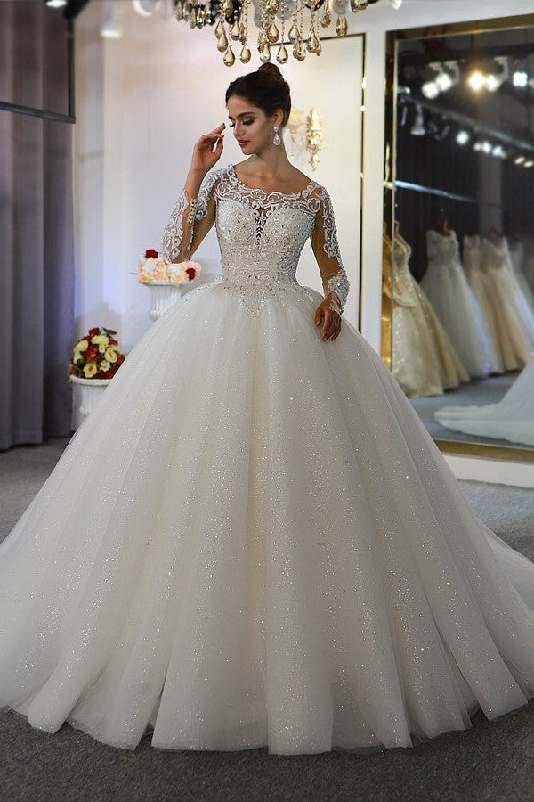 Bmbride A-Line Bateau Long Sleeve Appliques Lace Sequins Floor-length Wedding Dress
