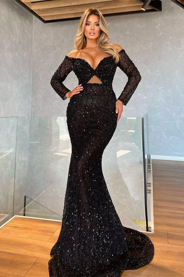 Sequin Black Mermaid Prom Dress with V-Neck and Long Sleeves