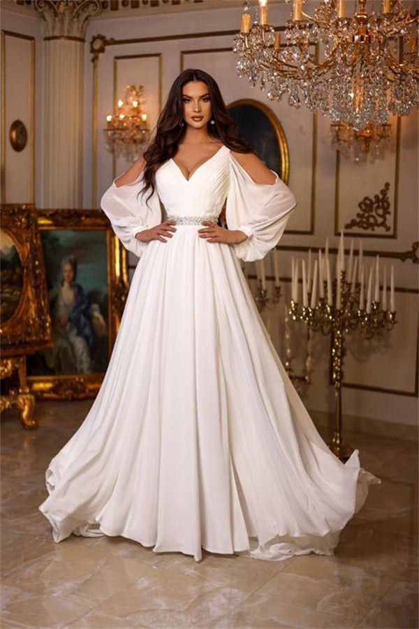 Bmbride Long A-line V-neck Chiffon Backless Wedding Dresses with Sleeves – Beautiful