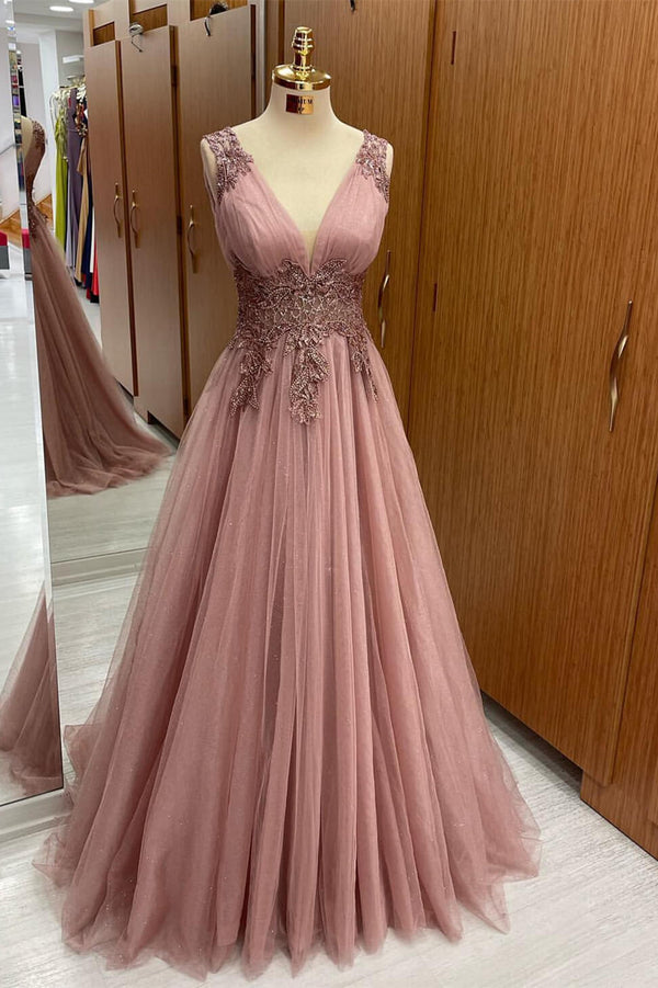 V-Neck Sleeveless Prom Dress Dusty Pink Tulle Long With Appliques