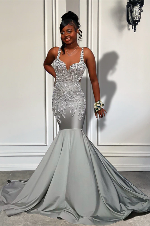 Grey Sequin Sleeveless Sweetheart Evening Dress with Beadings