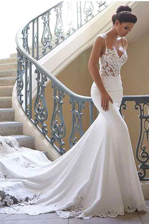 Bmbride Lace Mermaid Wedding Dress with Spaghetti Straps