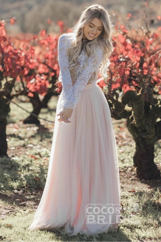 Bmbride Blush Pink Boho Beach Wedding Dress with Long Sleeves