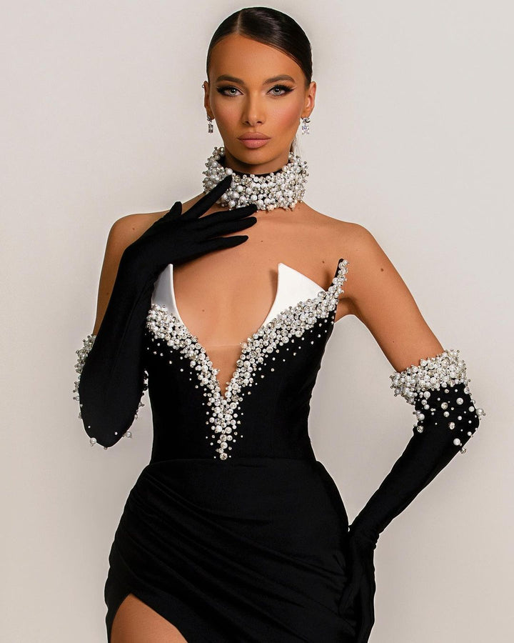 Black V-Neck Halter Evening Dress with Half Sleeves Beadings and Split