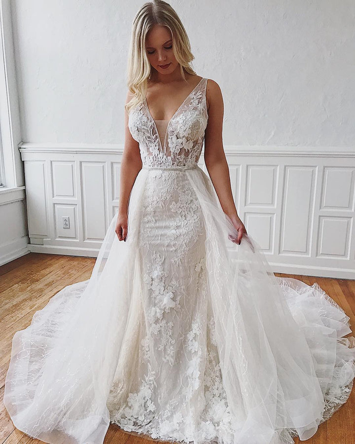 Bmbride V-Neck Lace Mermaid Detachable Wedding Dresses