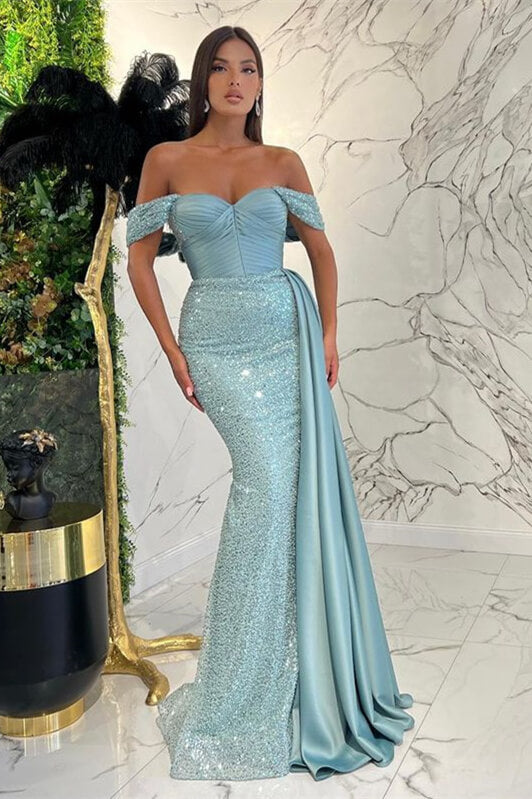 Off-The-Shoulder Sweetheart Mermaid Prom Dress with Sequins and Ruffle