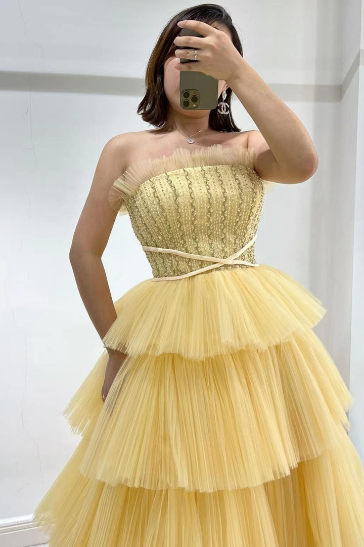 Daffodil Strapless Sleeveless Tulle Prom Dress With Layers