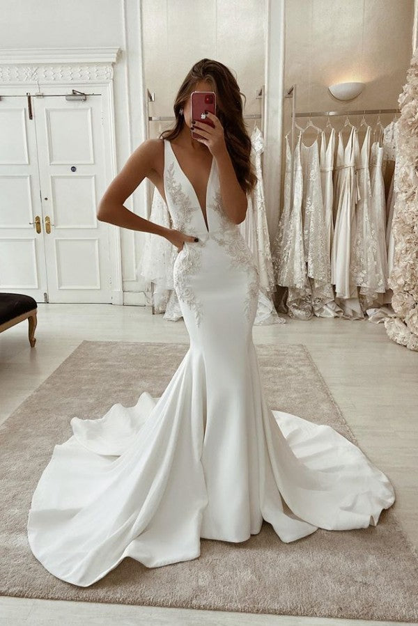 Bmbride Long Mermaid V-neck Satin Backless Wedding Dress