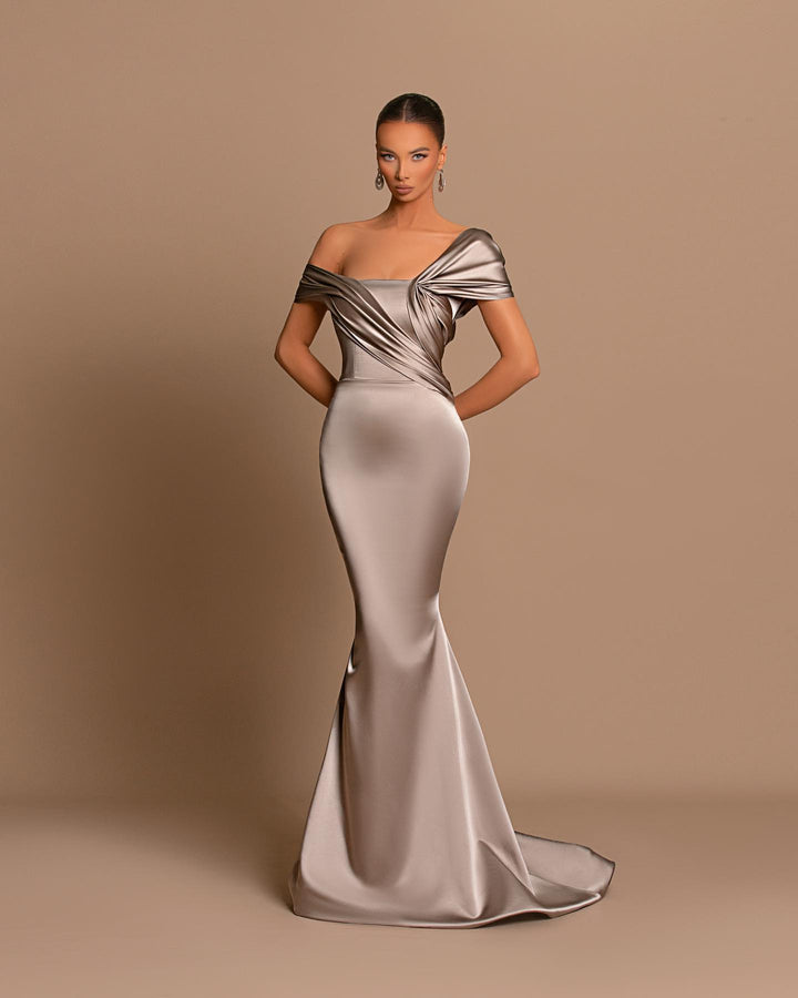 Off The Shoulder Bateau Pleated Ball Gown in Grey