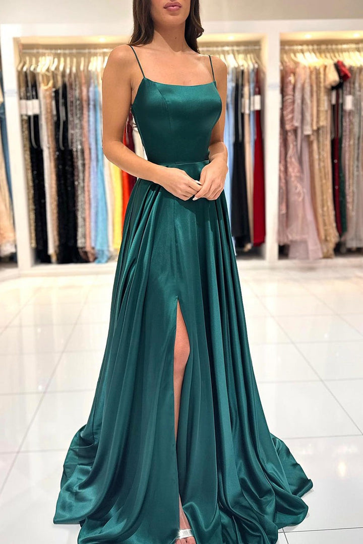 Green A Line Long Split Simple Prom Formal Dress