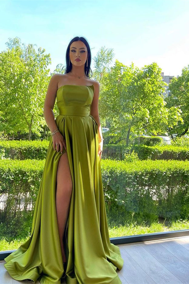 Green Strapless A-Line Prom Dress With Split - Elegant