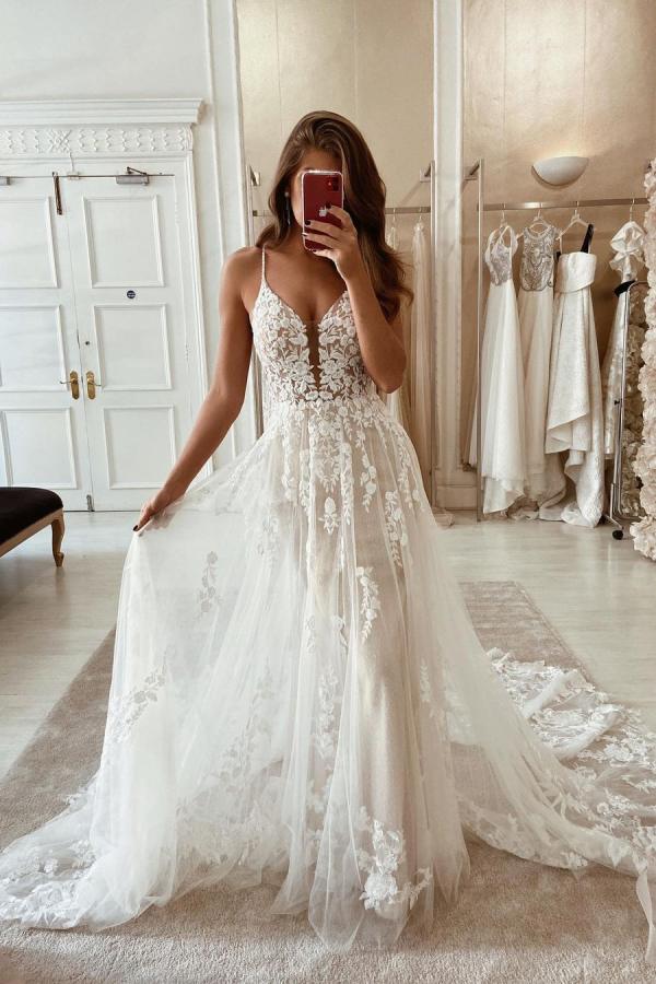 Bmbride Spaghetti Straps V-neck Appliques Lace Backless Train A-Line Wedding Dress