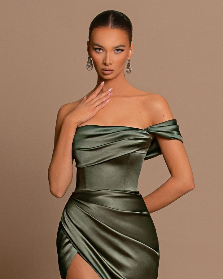 Charming Sage Green Off The Shoulder Evening Dress: Ball Gown Sleeveless Slit Pleated
