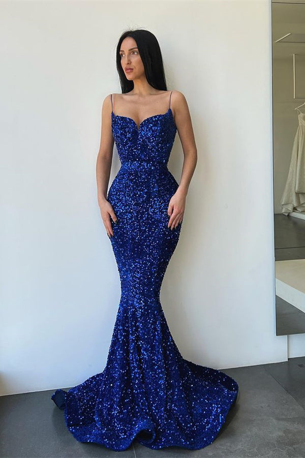 Mermaid Prom Dress: Royal Blue Spaghetti Strap with Sequins