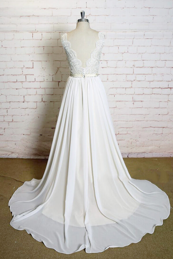 Bmbride Newest V-neck Lace Chiffon A-line Bridal Gown