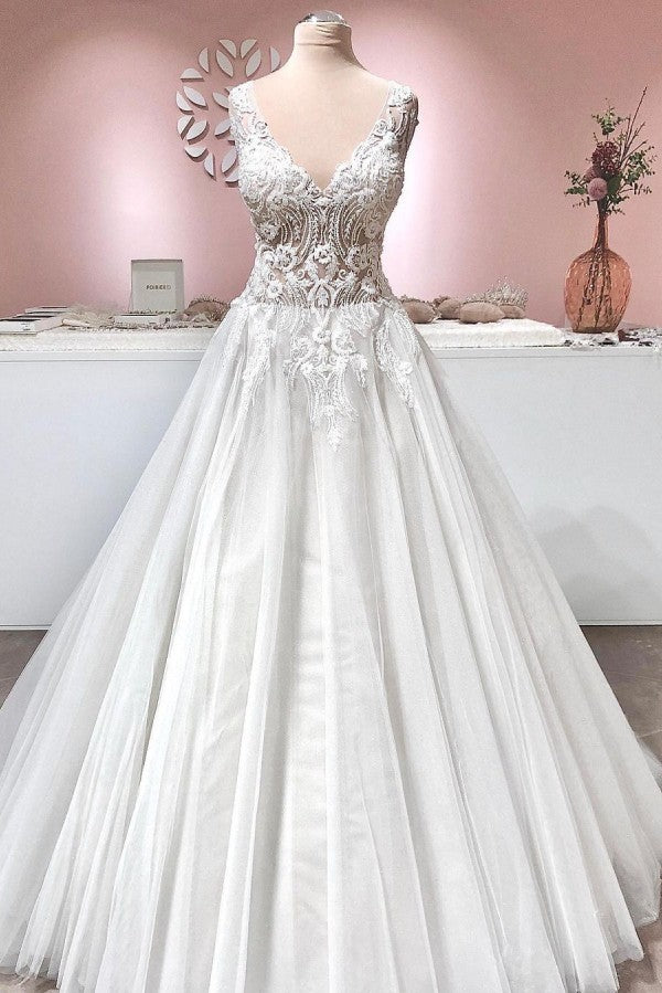 Bmbride A-line Deep V-neck Appliques Lace Backless Tulle Ruffles Wedding Dress