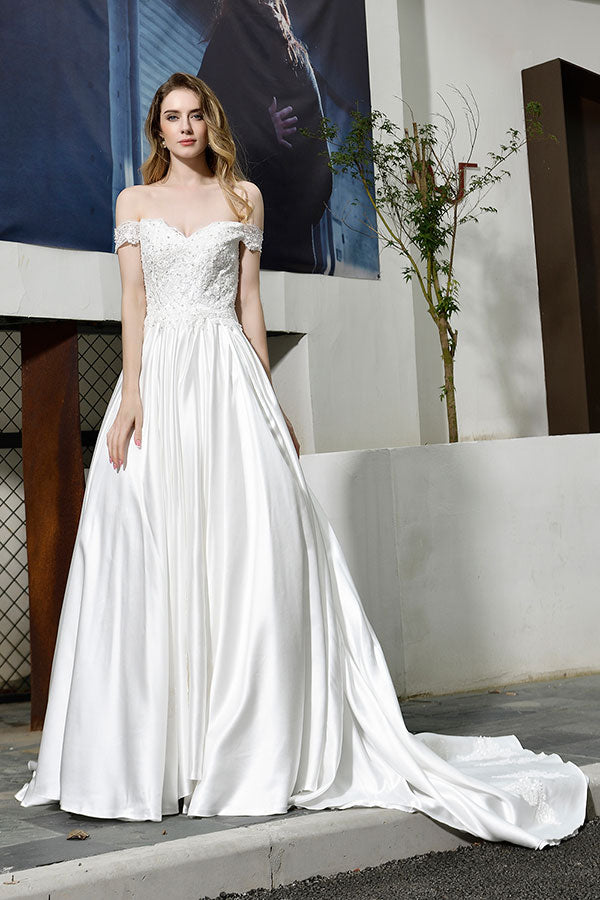 Bmbride Off-the-Shoulder Appliques Satin Bridal Gown