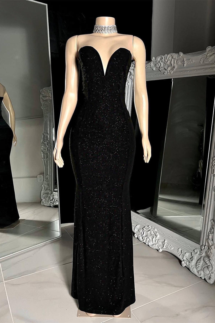 Black Strapless V Neck Long Mermaid Prom Dress with Sequins and Sleeveless